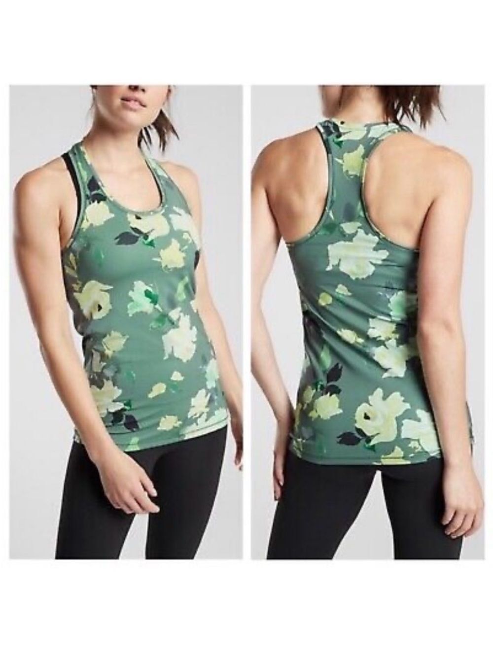 NWT New ATHLETA Shanti Printed Rose Floral Racerback Tank Top Green Yellow M